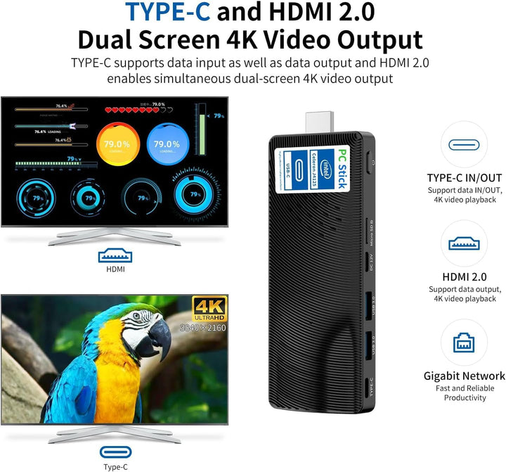 HEIGAOLAPC Mini PC Stick,Win 11 8GB RAM 128GB eMMC Celeron J4115 2.7 GHz, USB-C Fanless Desktop PC,