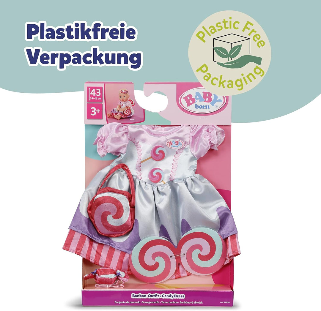 Baby Born Bonbon-Outfit mit Kleid, Tasche, Brille und Haarband für 43cm Puppe