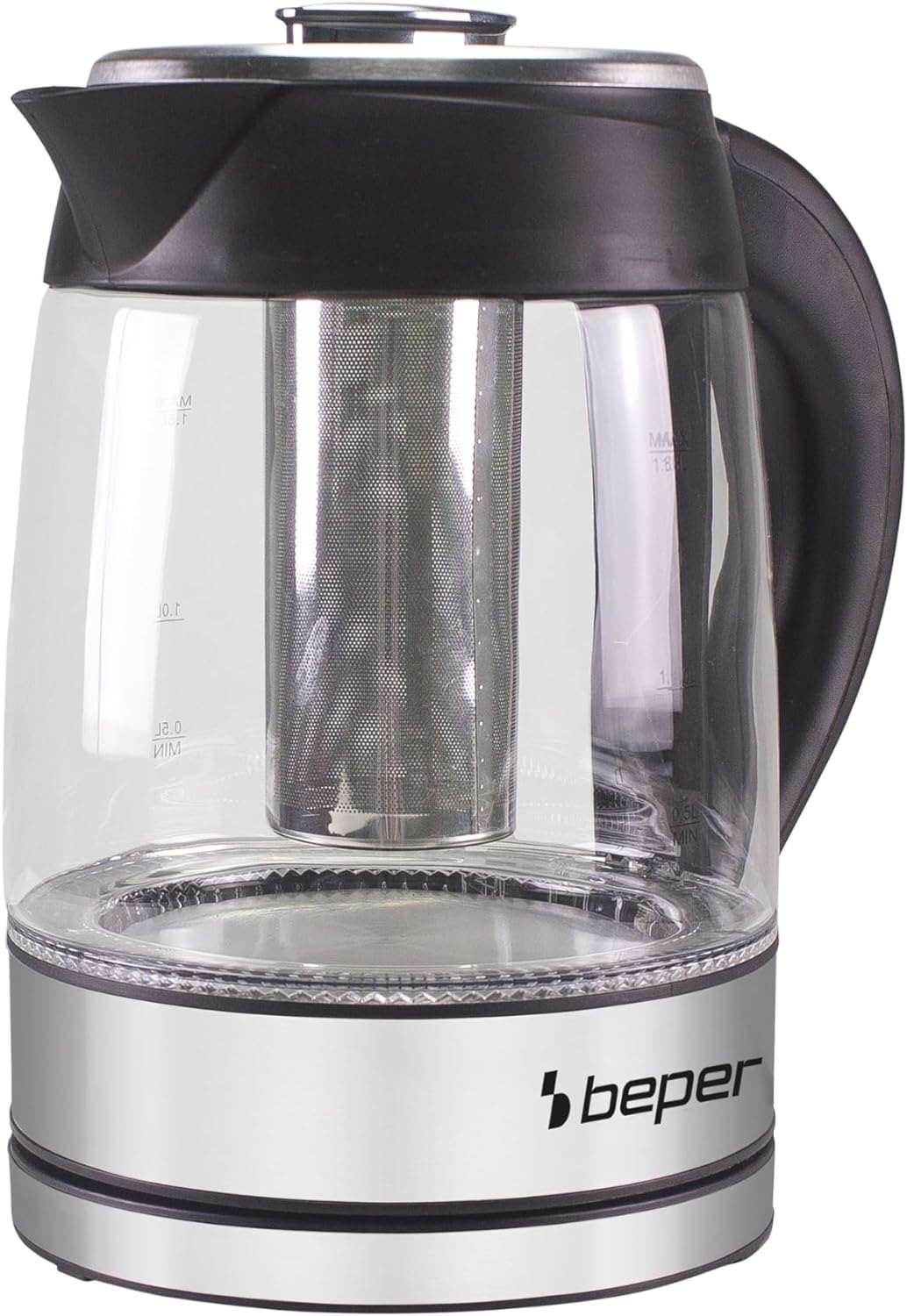 Beper BB.103 Elektrischer Wasserkocher, Schwarz/Glas 1,8L, 1,8L