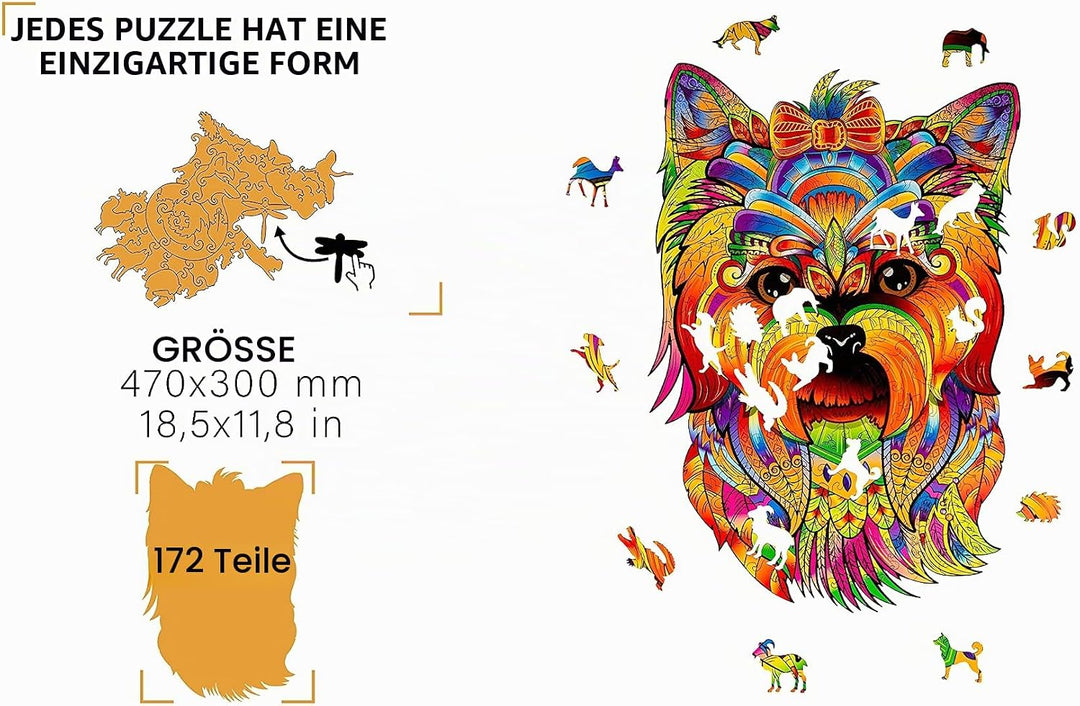WOODVIO - Holzpuzzle für Erwachsene und Kinder - Yorkie, Fantasy-Puzzle in Tierform, 172 einzigartig