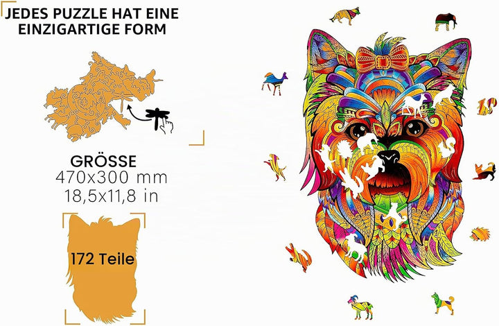 WOODVIO - Holzpuzzle für Erwachsene und Kinder - Yorkie, Fantasy-Puzzle in Tierform, 172 einzigartig