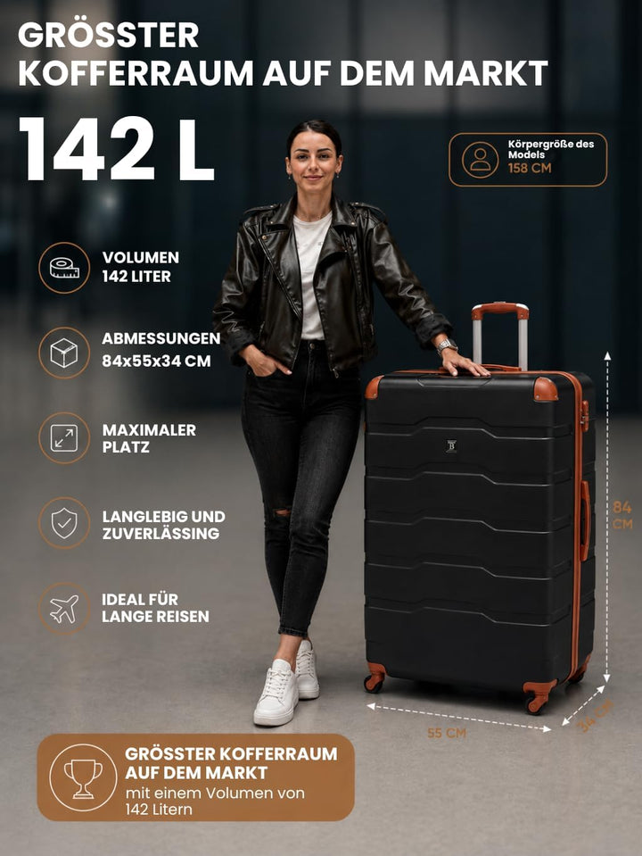 BERTOO Firenze Hartschalen-Reisekoffer-Set, 2-teilig, ABS-Schale, 4 abnehmbare 360°-Rollen, Schwarz