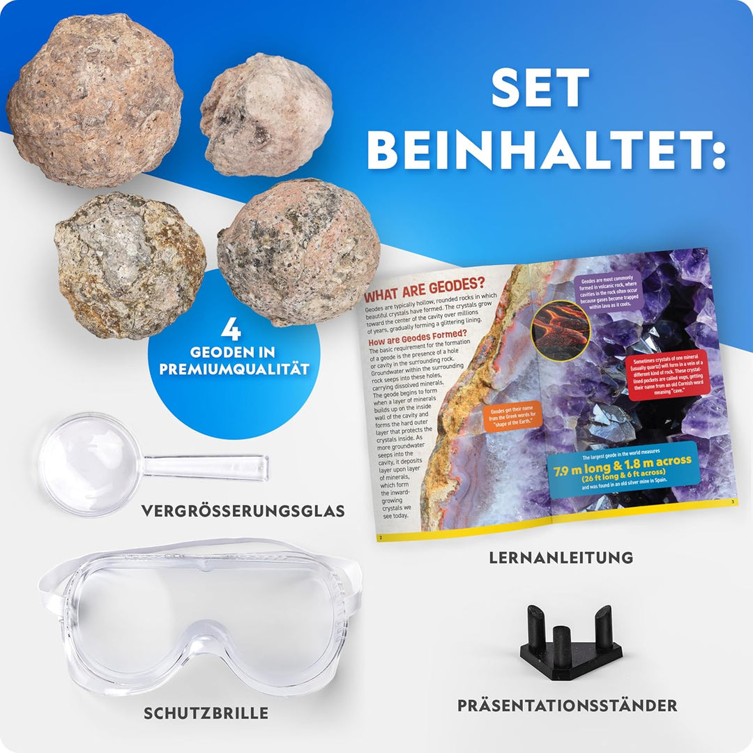 NATIONAL Geographic 4 Geoden Aufbrech-Set – Mit Schutzbrille & Ausstellungsständer – Mint Wissenscha