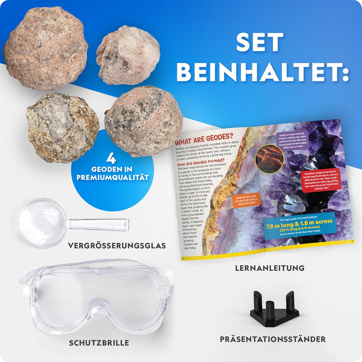 NATIONAL Geographic 4 Geoden Aufbrech-Set – Mit Schutzbrille & Ausstellungsständer – Mint Wissenscha