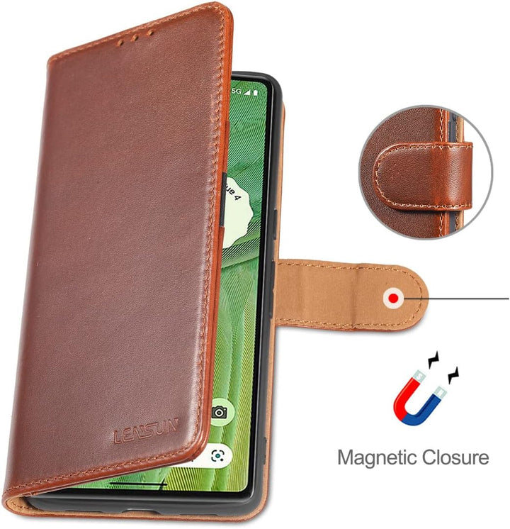 LENSUN Echtleder Hülle für Google Pixel 7, Handyhülle [Echtes Leder] [Magnetverschluss] [RFID Blocke