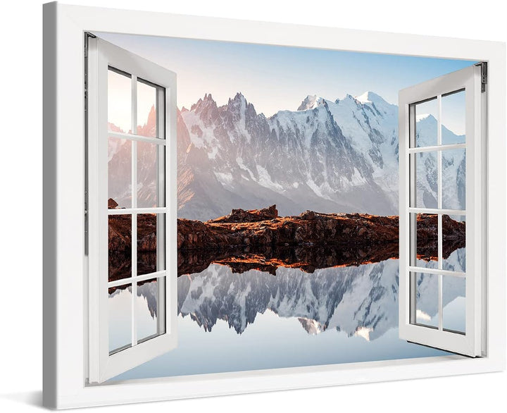 PICANOVA – Bild auf Leinwand Monte Bianco Alpen Bergsee Chesery Fenster 60x40cm Leinwandbild – Premi
