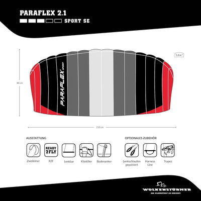 Wolkenstürmer® Paraflex Basic 2-Leiner Lenkmatte 2.1 SE grau - Kite Drachen mit Flugschlaufen – Zwei