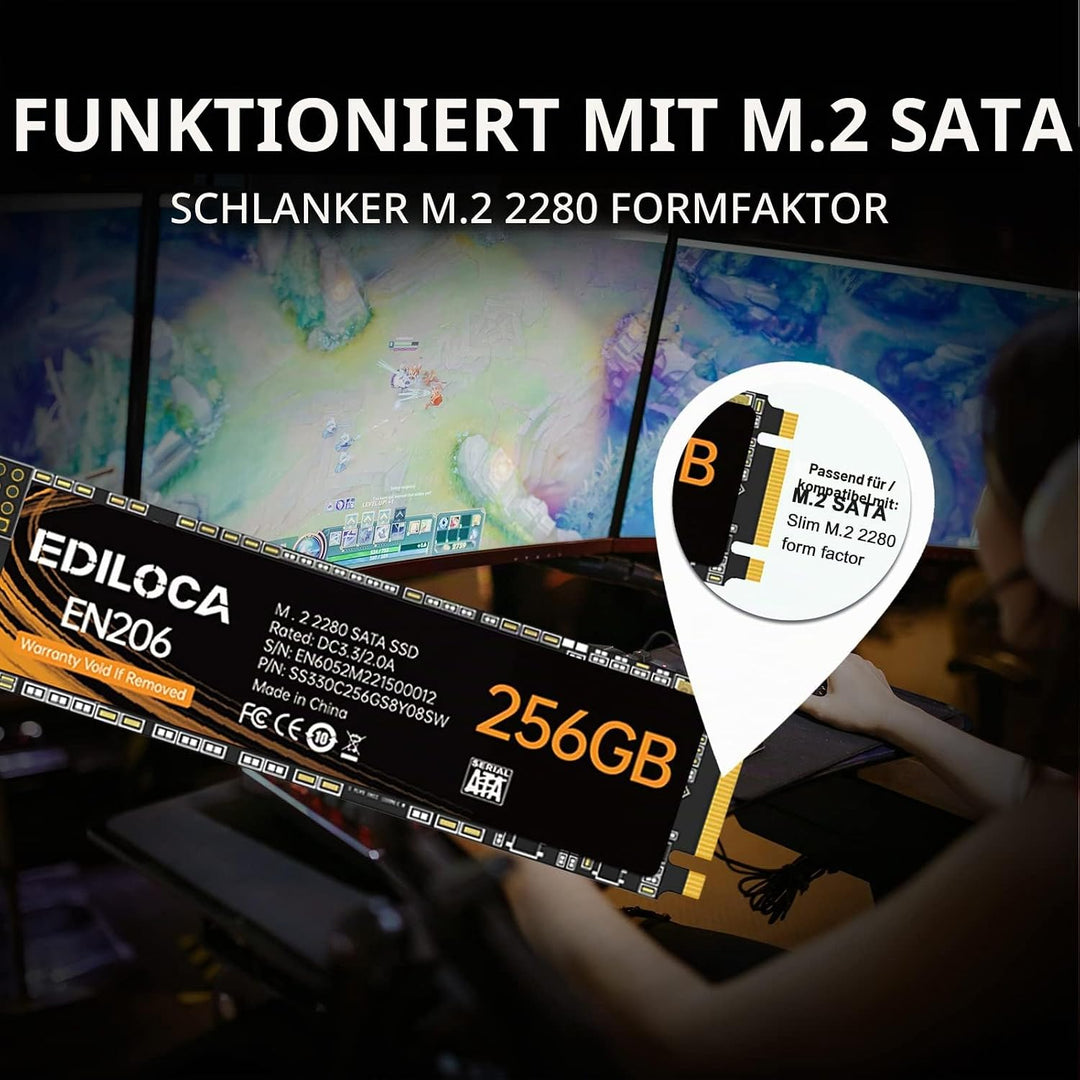 Ediloca EN206 256GB 3D NAND TLC M.2 SSD, M.2 2280 SATA III 6Gb/s SSD Interne Festplatte, Lese-/Schre