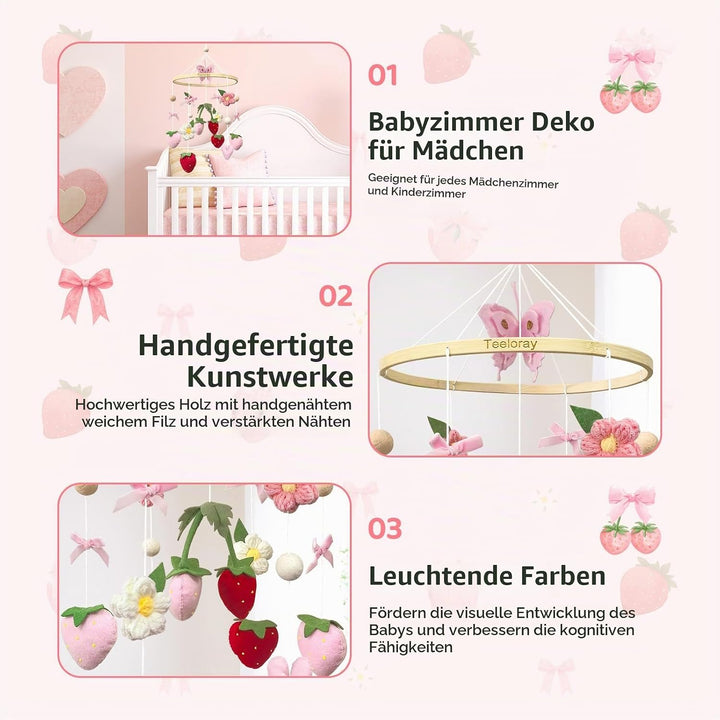 Mobile Baby mit Erdbeere, Blumen und Filzbällen Mädchen baby mobile windspiel für Babybett, Mobile B