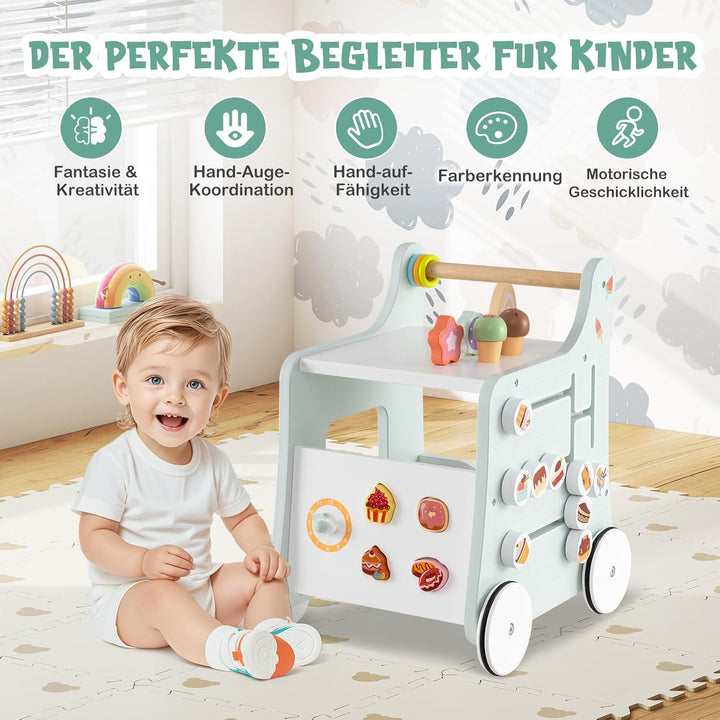 COSTWAY Lauflernwagen Holz, Lauflernhilfe mit Stauraum, Dessertladen auf Rädern mit Eiscreme, Schieb