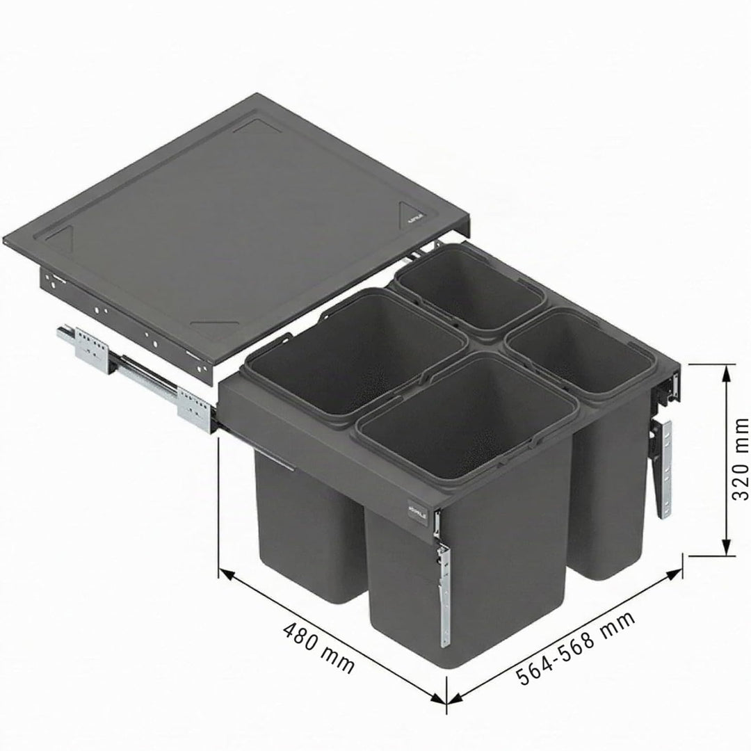 Einbau-Mülleimer für 60 cm Schrank SEGREGO 4-fach Abfallsystem mit Deckel Soft-Close &amp; Vollauszug 56