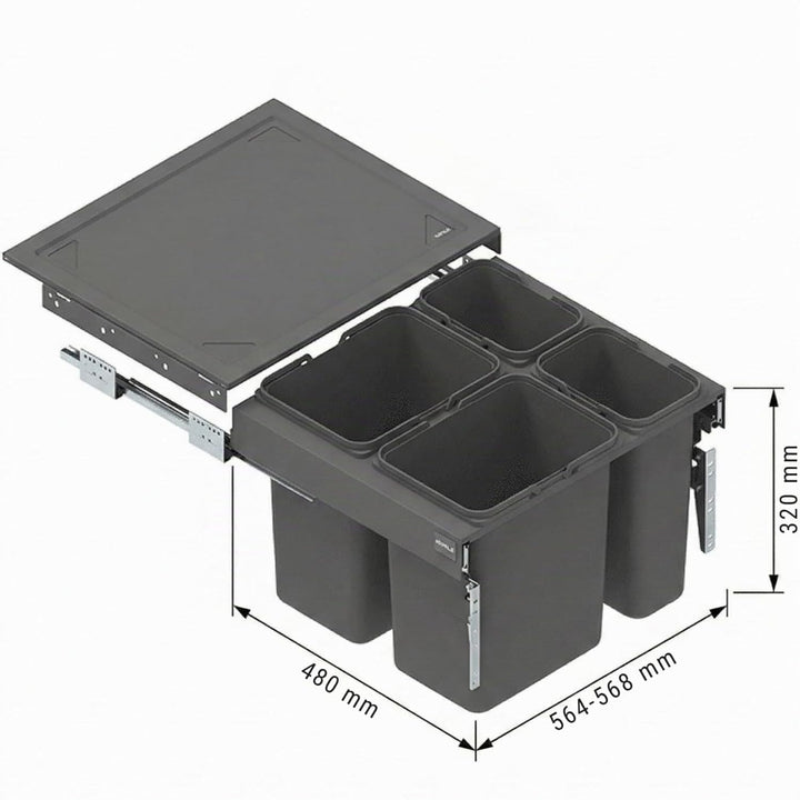 Einbau-Mülleimer für 60 cm Schrank SEGREGO 4-fach Abfallsystem mit Deckel Soft-Close &amp; Vollauszug 56