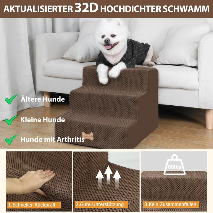 Nepfaivy Hundetreppe für Kleine Hunde 3-Stufig, Hundetreppe Hunderampe für Bett und Sofa aus Hochdic