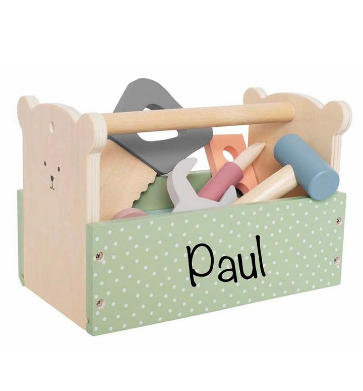 Personalisierter Werkzeugkasten aus Holz – Teddy-Design – Lernspielzeug mit Gravur – Perfekt zum 1.