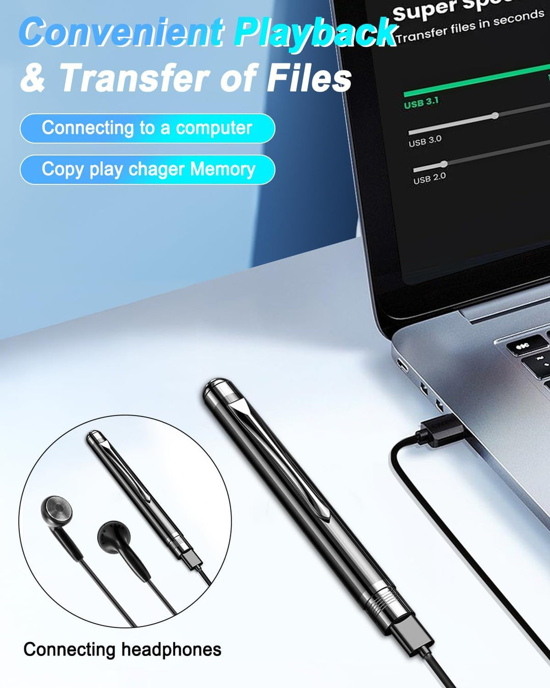 Mini Diktiergerät 64GB, Aufnahmegerät mit 768 Stunden Kapazität, Voice Recorder Pen mit Rauschunterd