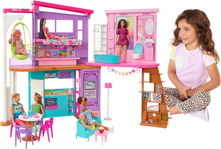 Barbie HCD50 - Malibu Ferien-Haus (klappbar), Puppenhaus mit Möbeln und diversen Zubehör-Teilen, Spi