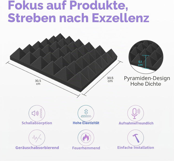 JBER Akustikschaumstoff-Platten, 5,1 x 30,5 x 30,5 cm, Schalldämmung für Studiowände, schalldämmend,