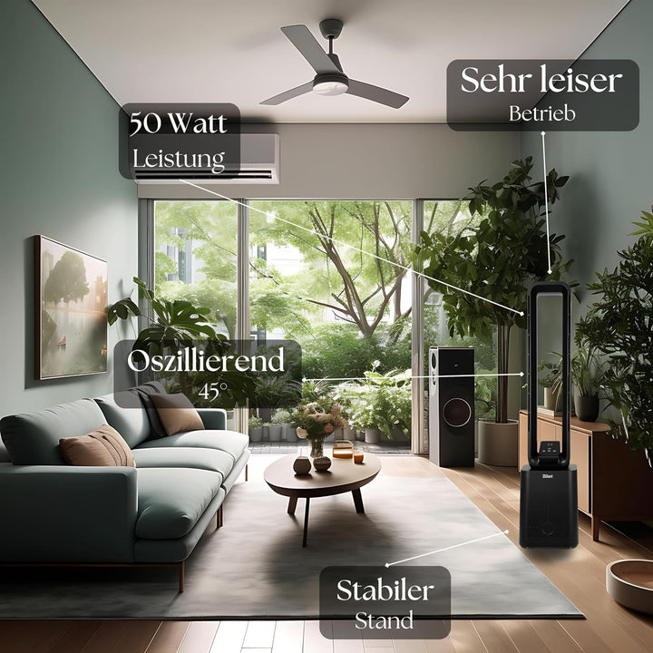 Zilan Turmventilator Blattlos Leise Standventilator mit Fernbedienung – 12 Stufen, 3 Modi, BLDC Moto