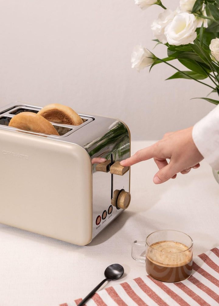 CREATE/TOAST RETRO/Toaster Sand / 6 Leistungsstufen, Krümelschublade, Thermostat, Auftauen, Aufwärme