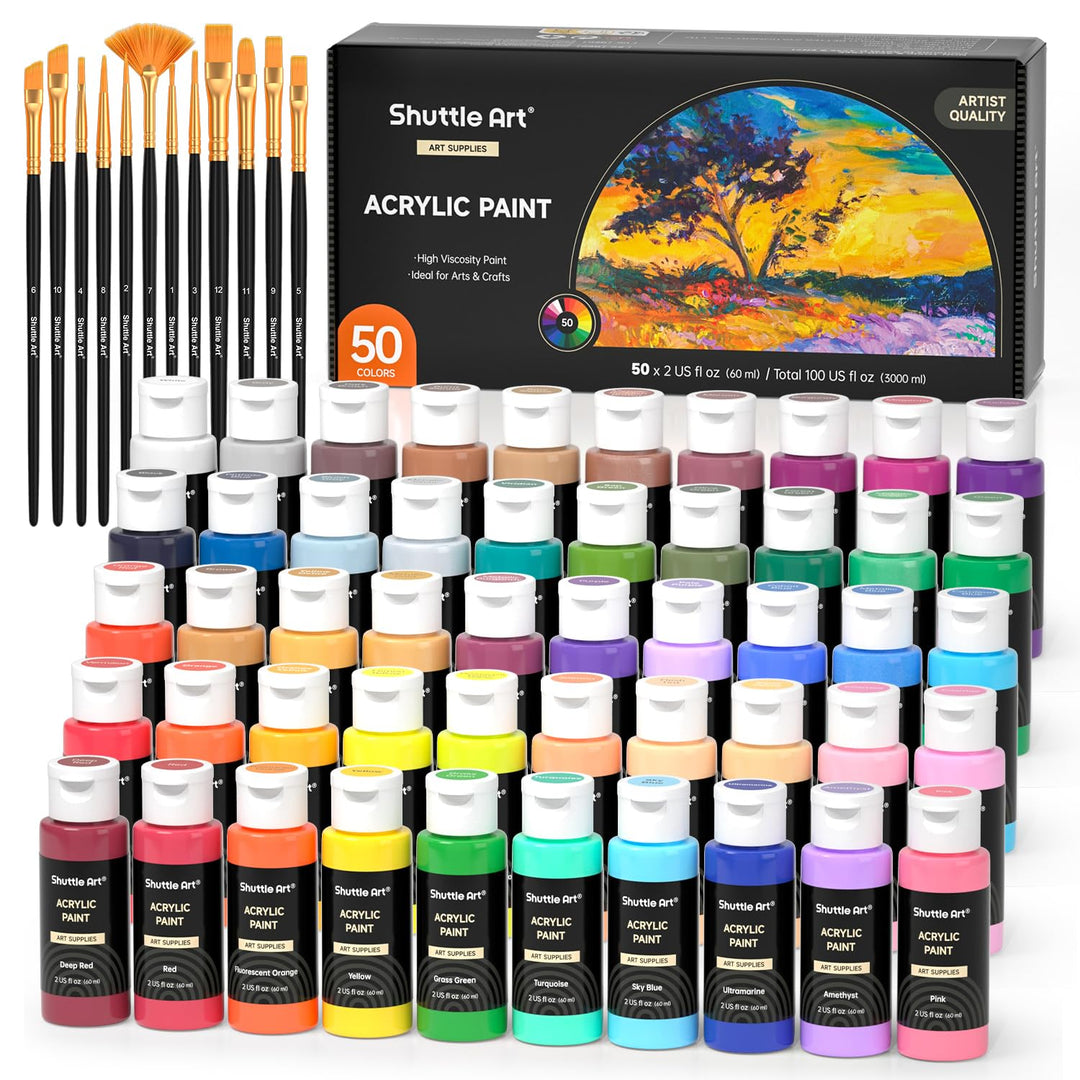 Acrylfarben Set, Shuttle Art 50 bunte Acryl Farben in Flaschen (je 60ml), hochpigmentiert, ungiftig,