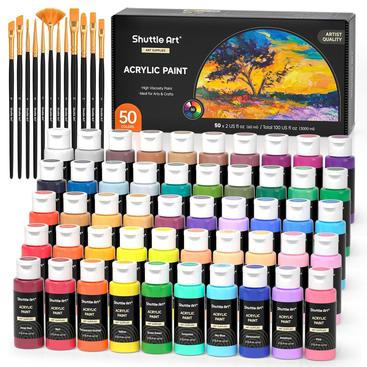 Acrylfarben Set, Shuttle Art 50 bunte Acryl Farben in Flaschen (je 60ml), hochpigmentiert, ungiftig,
