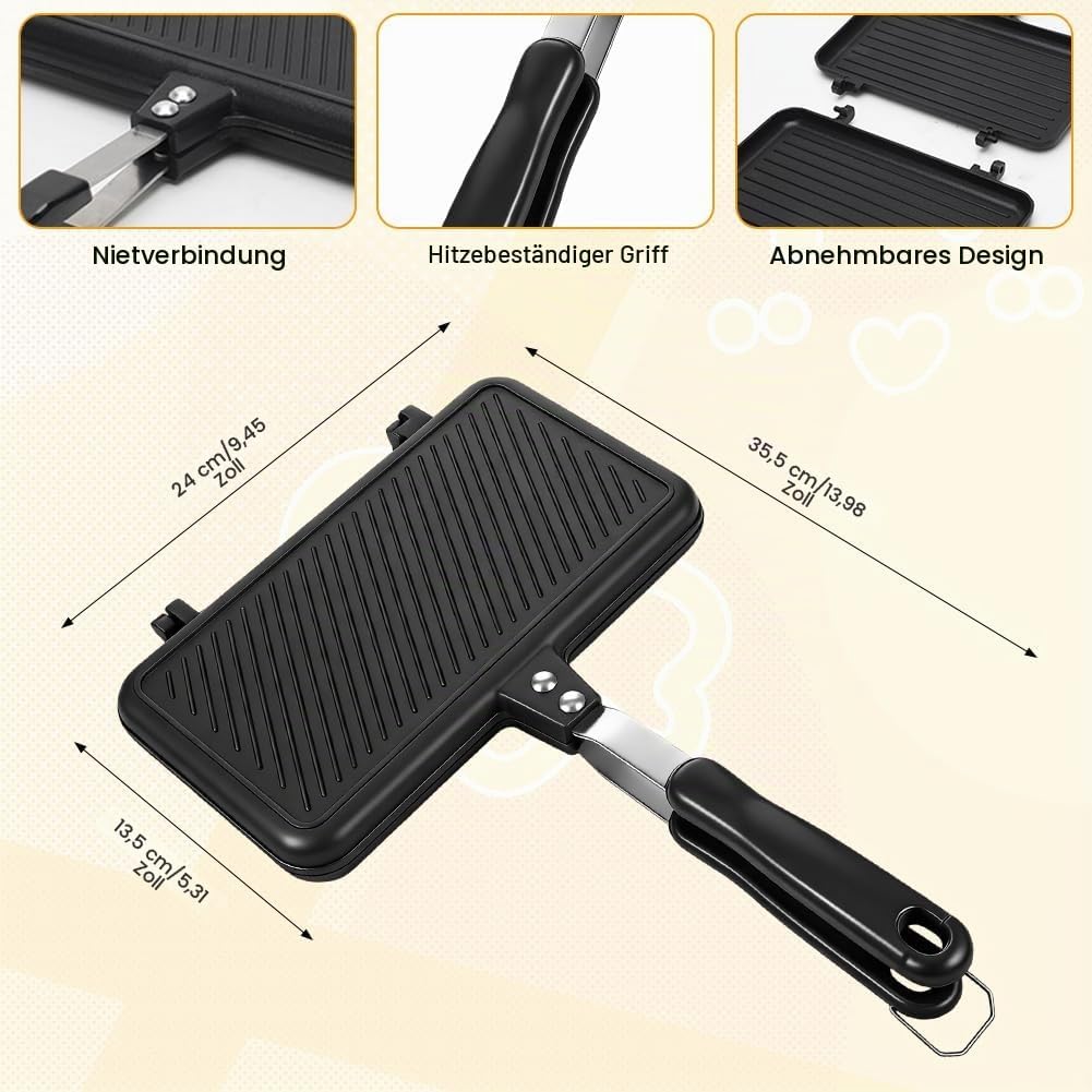 Bratpfanne Doppelseitig, Doppelpfanne Toastpfanne mit Hitzebeständigem Griff Antihaftbeschichtete To