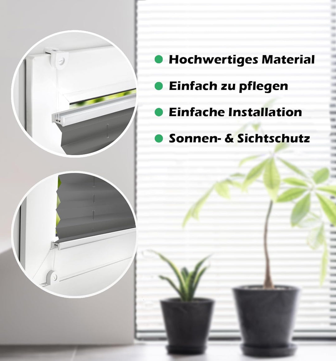 Domdeco Plissee 70x220cm Anthrazit mit weiss lackierten Alu-Profilen, KlemmFix-Halterung zur Montage