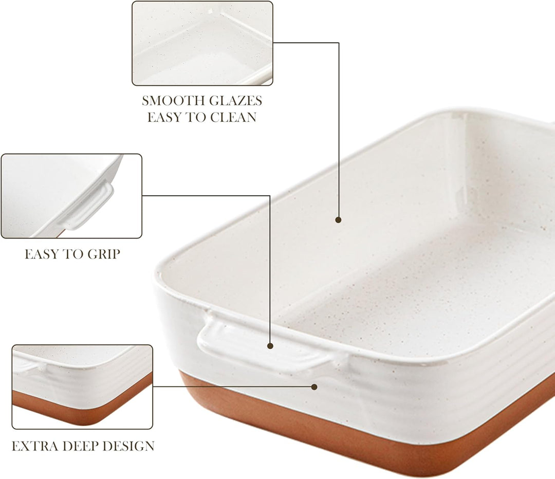 MALACASA Serie TARA, Auflaufform Grosse 35 x 23,8 x 8,7 cm 4,5L – Rechteckige Steingut-Backform, kra