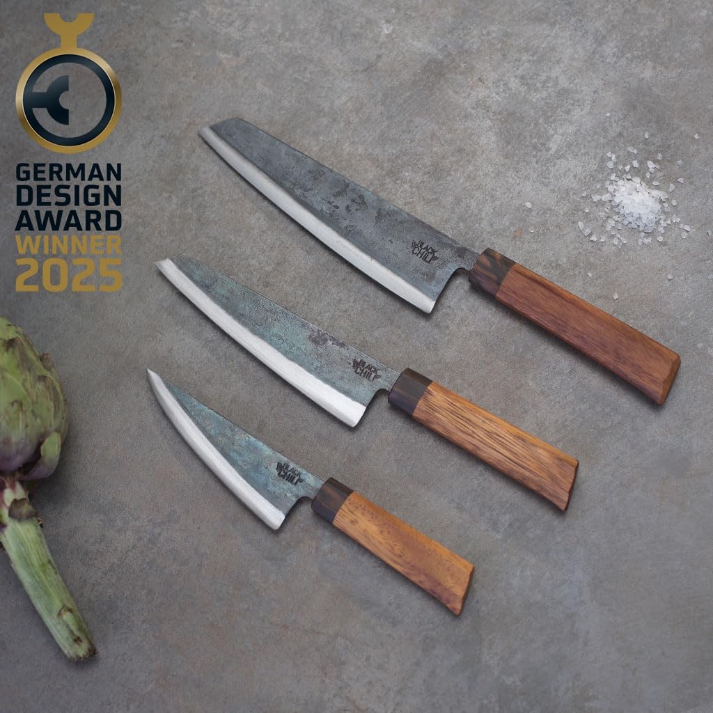 Black Chili Küchenmesser Set (3-teilig) | Chefmesser, Santoku Messer & Gemüsemesser mit Eisenholz Gr