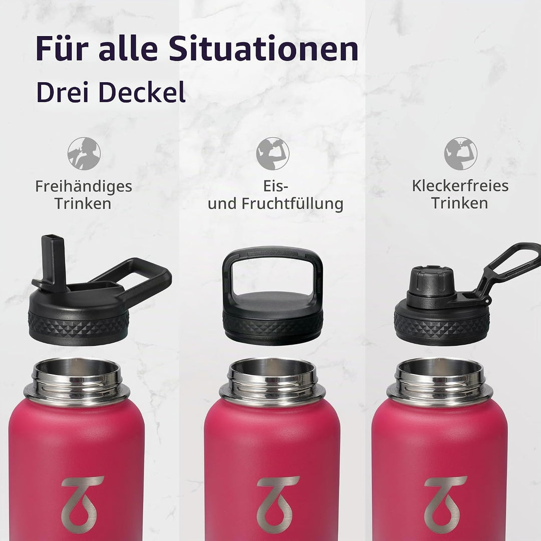 Trebo 1,2 l Wasserflasche mit 3 Deckeln und Griff, vakuumisoliert, Edelstahl, auslaufsicher, BPA-fre