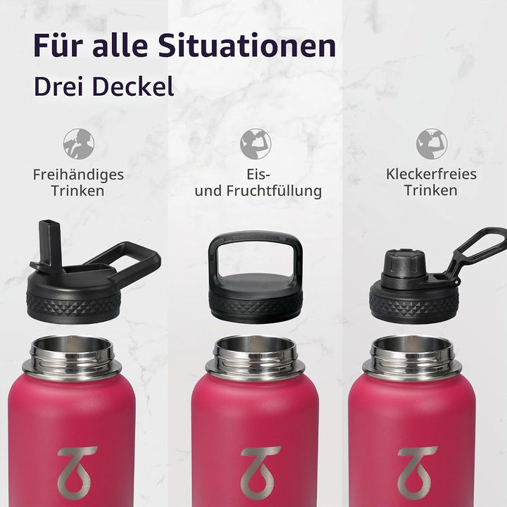 Trebo 1,2 l Wasserflasche mit 3 Deckeln und Griff, vakuumisoliert, Edelstahl, auslaufsicher, BPA-fre