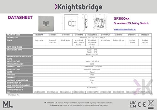 Knightsbridge - Schraubenlose 10A 2G 2-Wege Schalter - Poliert Messing 2G 2W Lichtschalter, 2G 2W Li