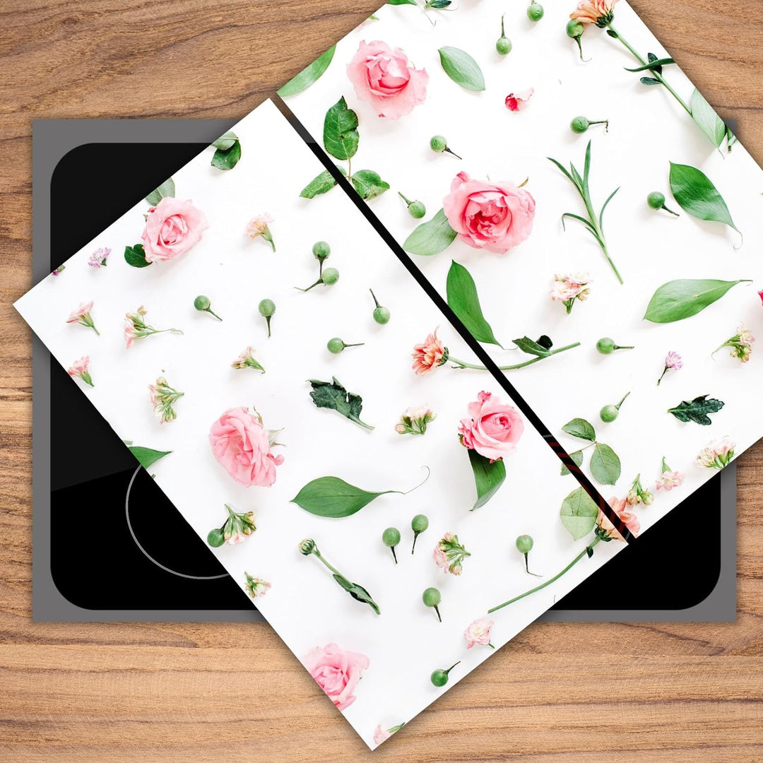 SmartDecoration Herdabdeckplatte Ceranfeldabdeckung aus Glas 2 x 30x52 cm Zweiteilig Motiv "Blumen"