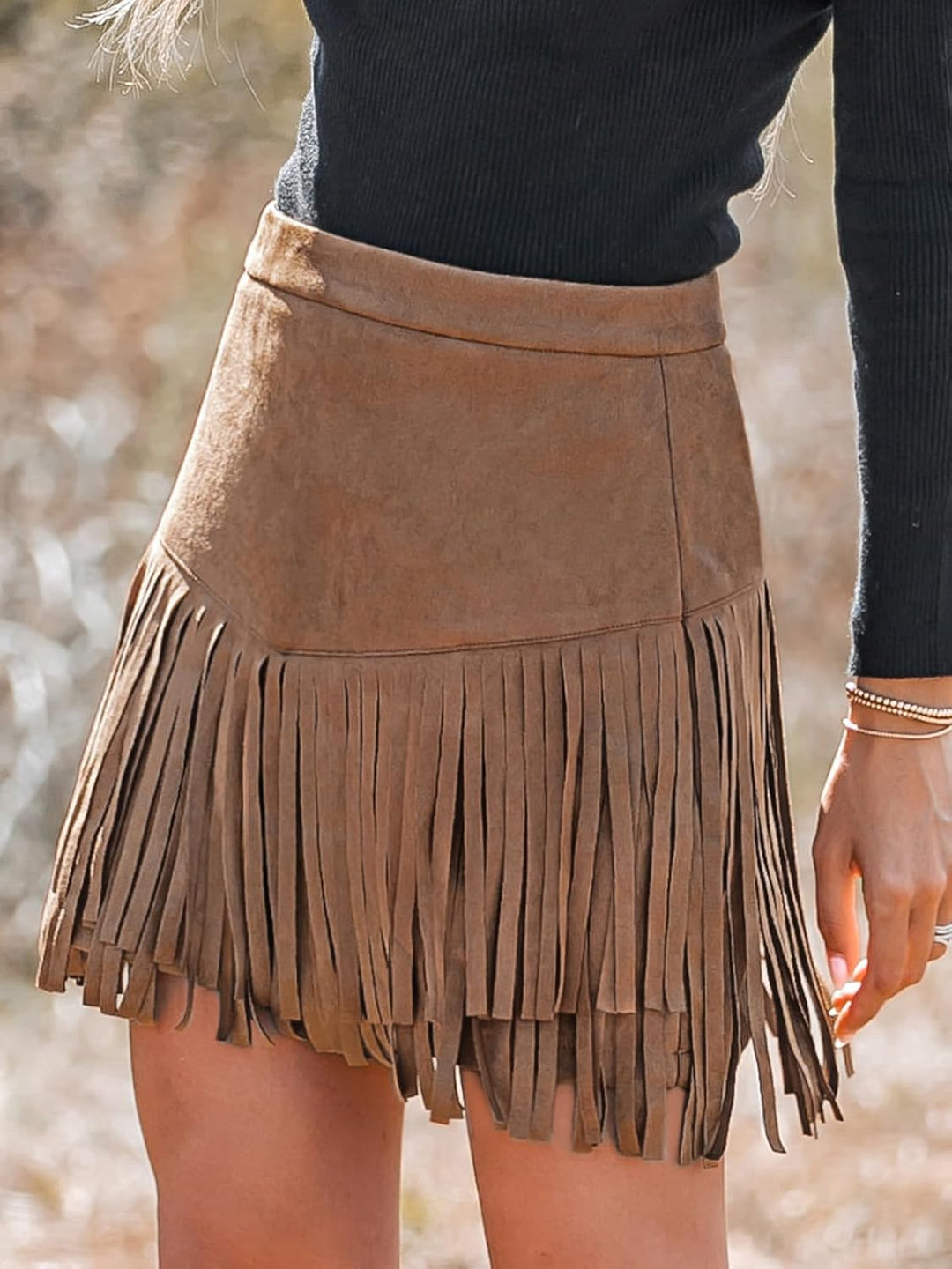 CUPSHE Damen Rock Herbst Winter Fransen Wildleder Rock, High Waist Western Outfit Minirock Mini Skir