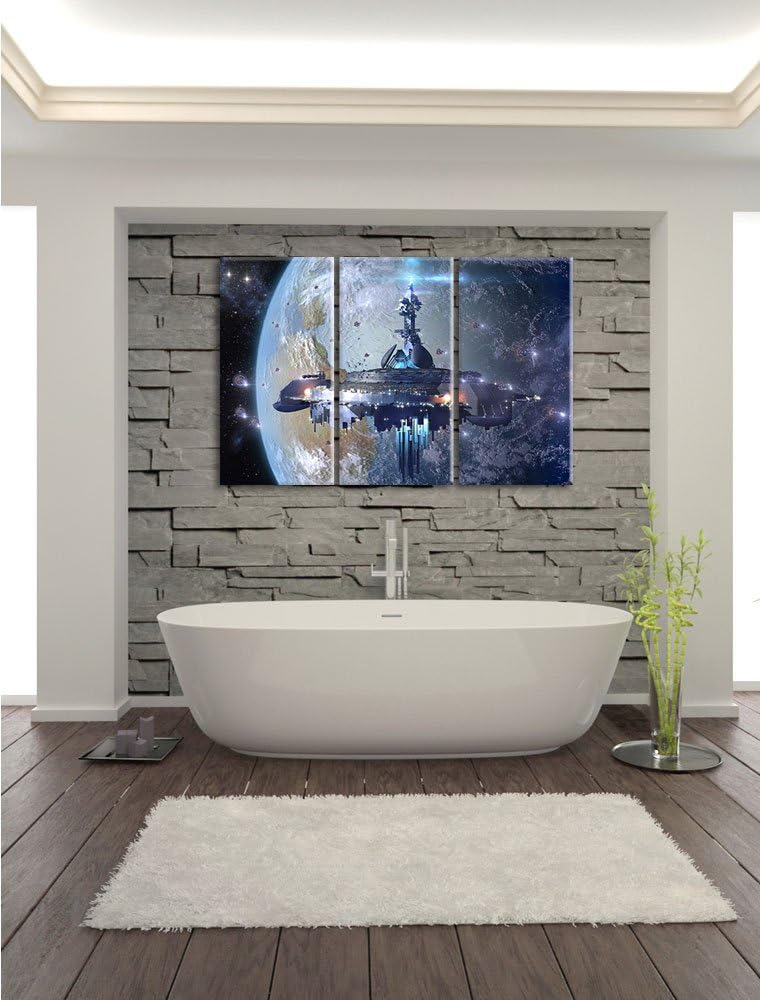Pixxprint Raumschiff vor der Erde als Leinwandbild | Grösse: 3 Teilig (120x80) | Wandbild| Kunstdruc