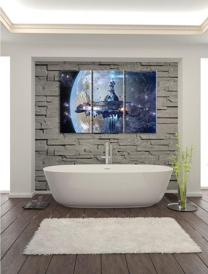Pixxprint Raumschiff vor der Erde als Leinwandbild | Grösse: 3 Teilig (120x80) | Wandbild| Kunstdruc