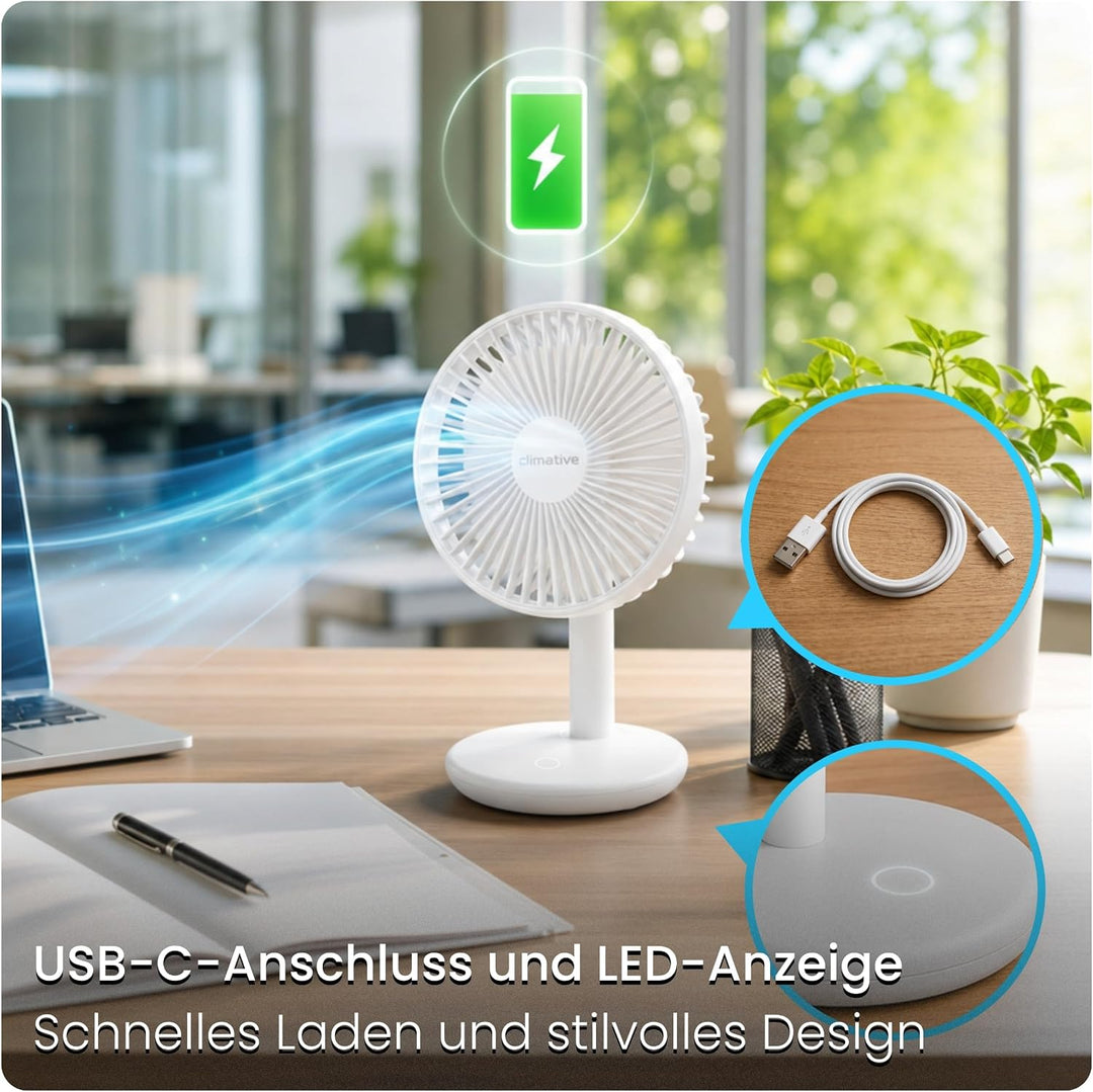 Tischventilator sehr leise - 7-Flügel USB Ventilator Akku 2000 mAh, Ø 14cm, 4 Modi, Naturwind, Bürst