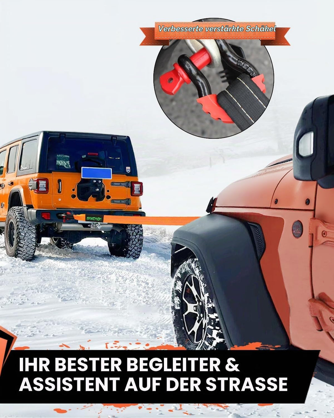 MAIKEHIGH Abschleppseil 15 Tonnen (33,700 Lbs), 6M x 6,7cm Abschleppgurt mit 2 Verbesserten Schäkeln