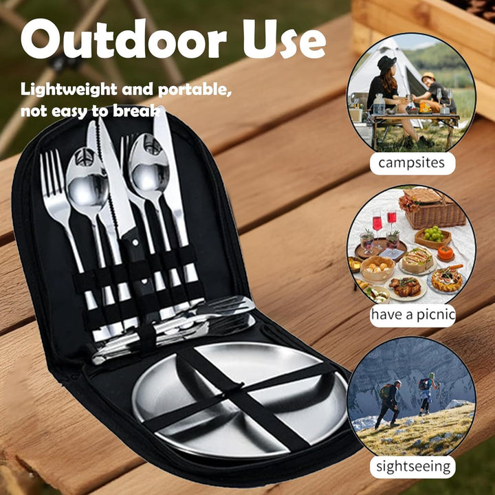 Camping Geschirr Set für 2 Personen, 10 Stück Tragbars Campingbesteck Set aus Edelstahl für Picknick