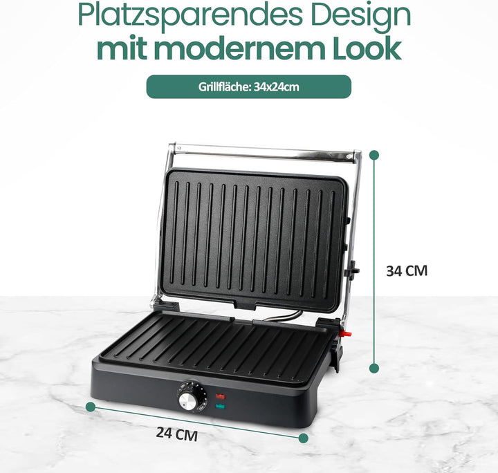 EMERIO Kontaktgrill Panini Grill Sandwichmaker Tischgrill | Grillfläche 34x24cm | antihaftbeschichte