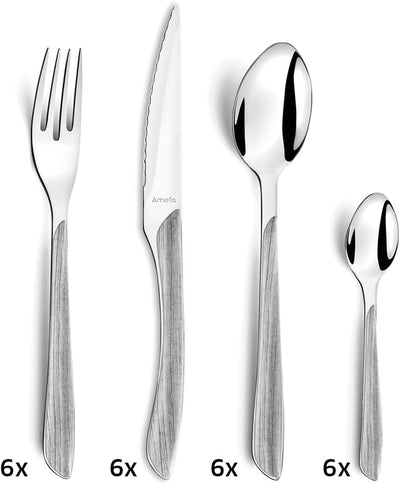 Amefa ECLAT Besteck Set | NATURE Grau Holz | Essbesteck 24-teilig für 6 Personen | Edelstahl rostfre