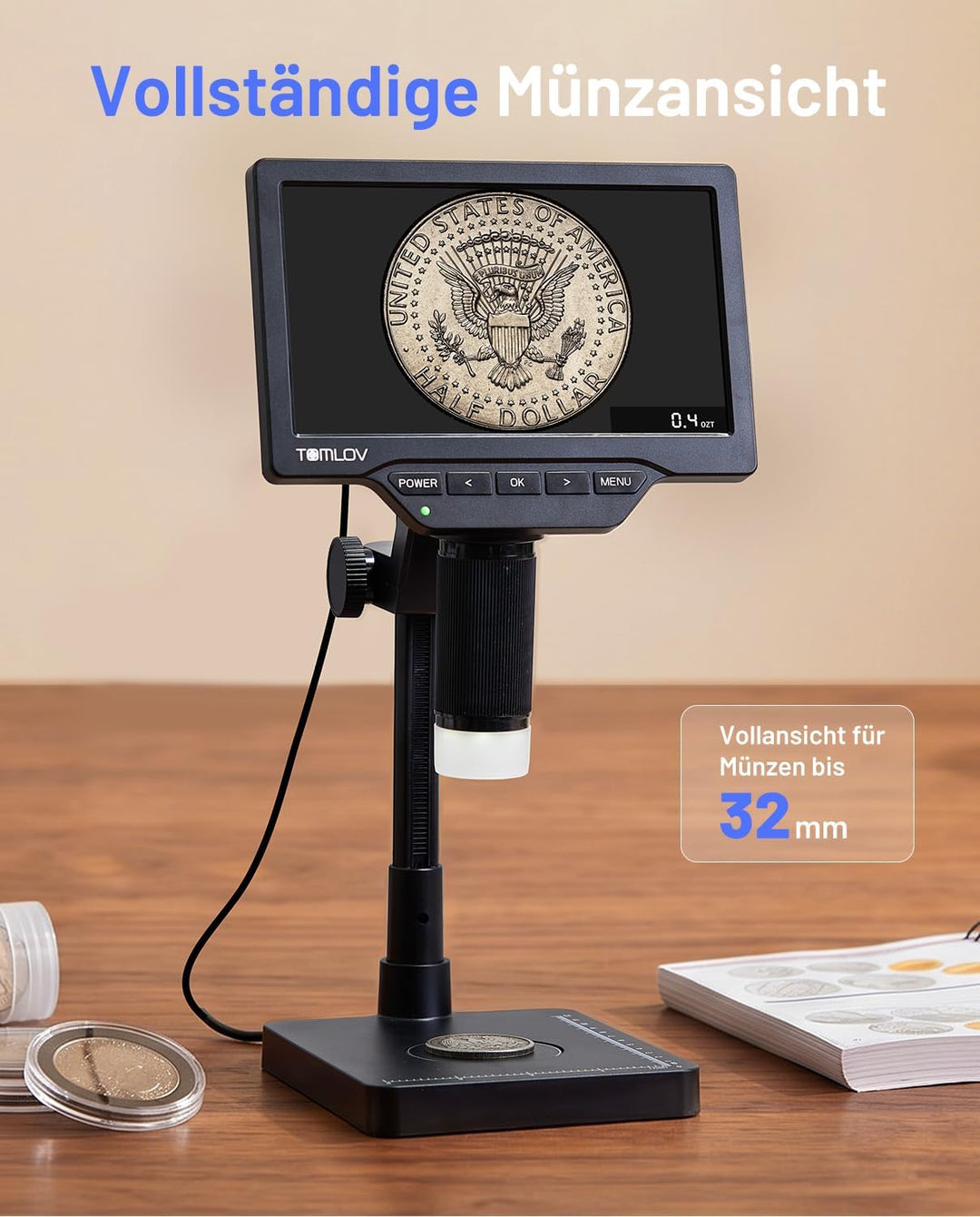 TOMLOV DM4W Max 7" IPS Digital Mikroskop mit Waage, Münzvollansicht | 0,1g Präzision, g/oz/ct/ozt, 1