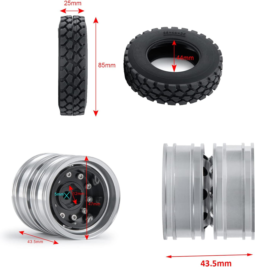 AXspeed 4 Stück Metall Hinterrad Nabenfelgen mit Gummireifen für Tamiya Traktor LKW Klettern Anhänge