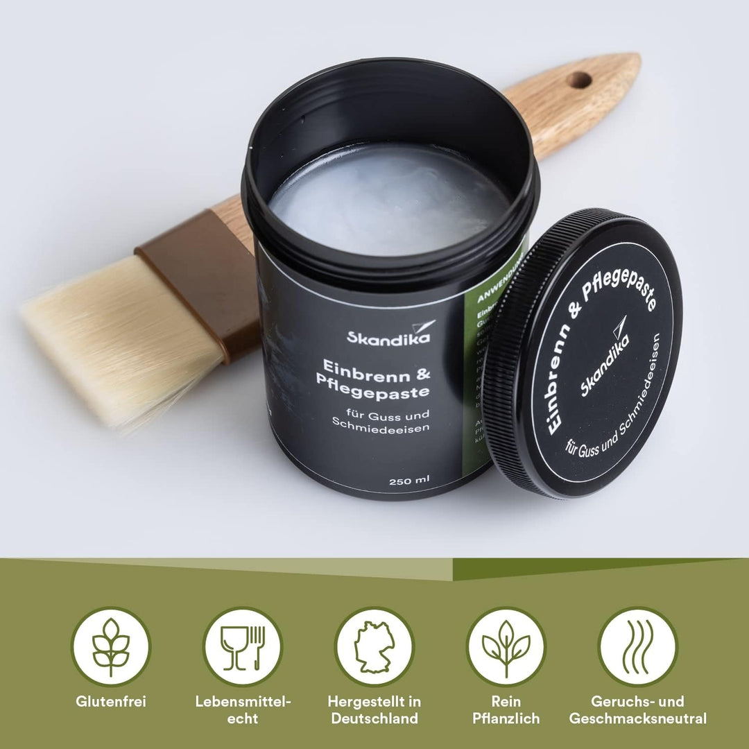 Skandika Dutch Oven Gusseisen Pflegeset | Zubehör Einbrennpaste/Pflegepaste, Ringreiniger, Pinsel, T