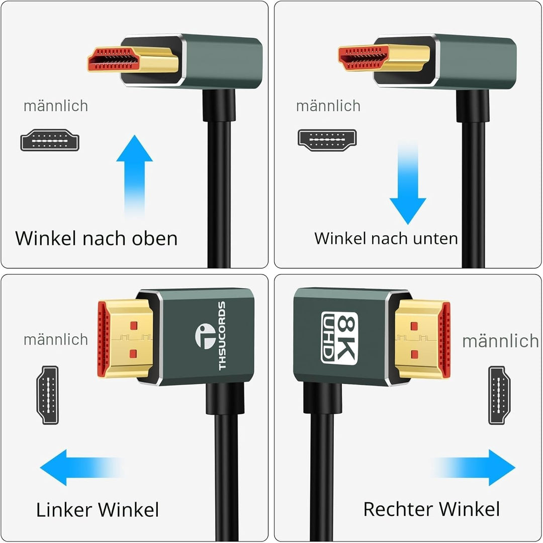 Thsucords Ultradünnes 8K HDMI Winkelstecker 2.1 90 Grad Abwärtswinkelkabel 2M,Flexibles Schlankes Ho