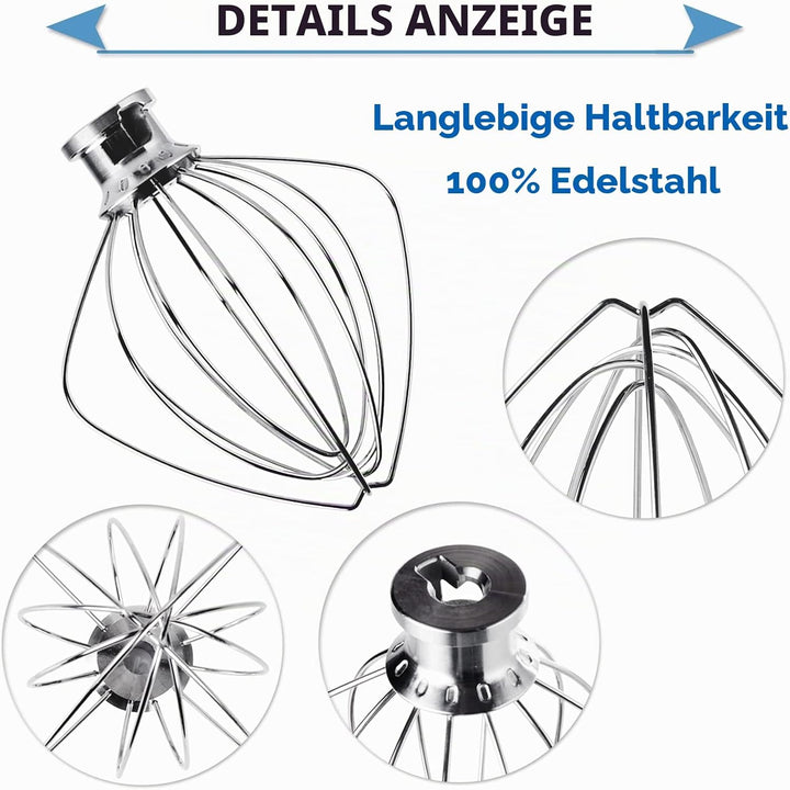 Edelstahl-Schneebesen für KitchenAid 4,5 und 5 Quart Mittelgrosse Küchenmaschinen mit kippbarem Moto
