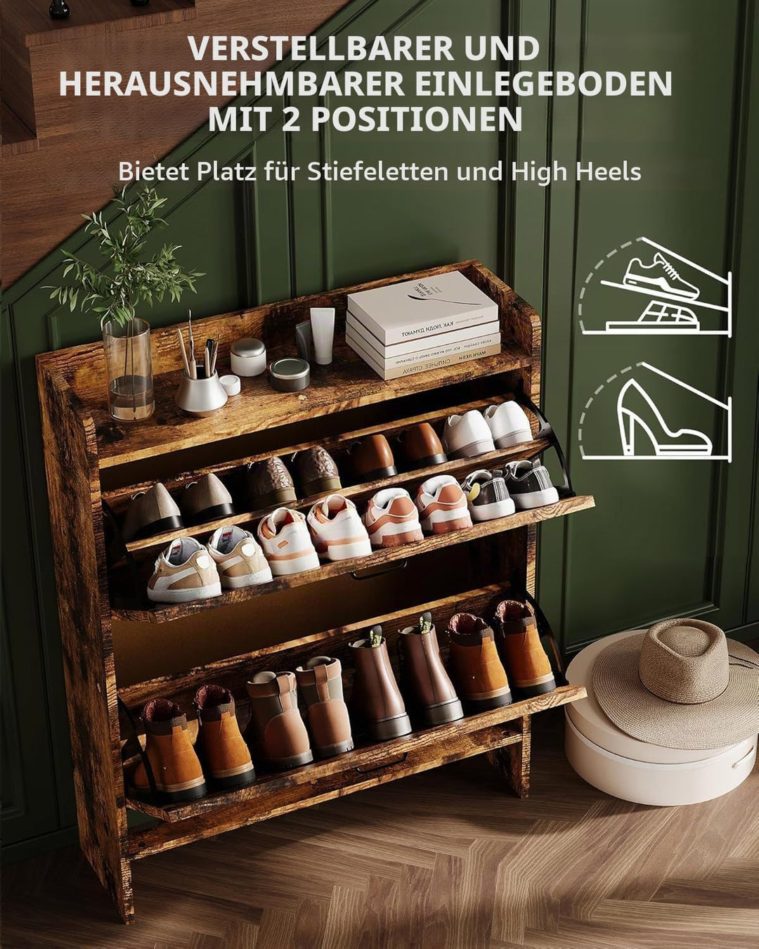 Breit 80 X24x100 Hoch cm Schuhschrank Mit 2 Klappen, Verstellbare Zweistufige Regalböden, Schmal Sch