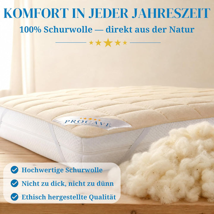 PROCAVE weiches Unterbett aus Schurwolle, atmungsaktiver Matratzen-Schoner, Matratzenbezug mit 4 Eck