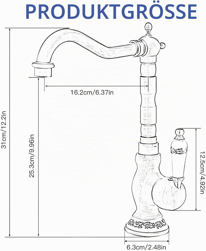 ROWINNAO Wasserhahn Bad Hoch Antikes Messing, Retro Waschtischarmatur 360° Drehbarer, Einhebel Misch