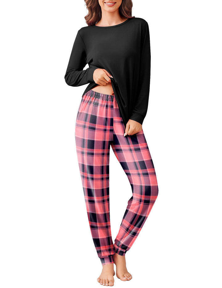 Ekouaer Schlafanzug Damen Lang Kuschelig Pyjama Set mit Bündchen Kariert Pyjamahose mit Tasche Rosa